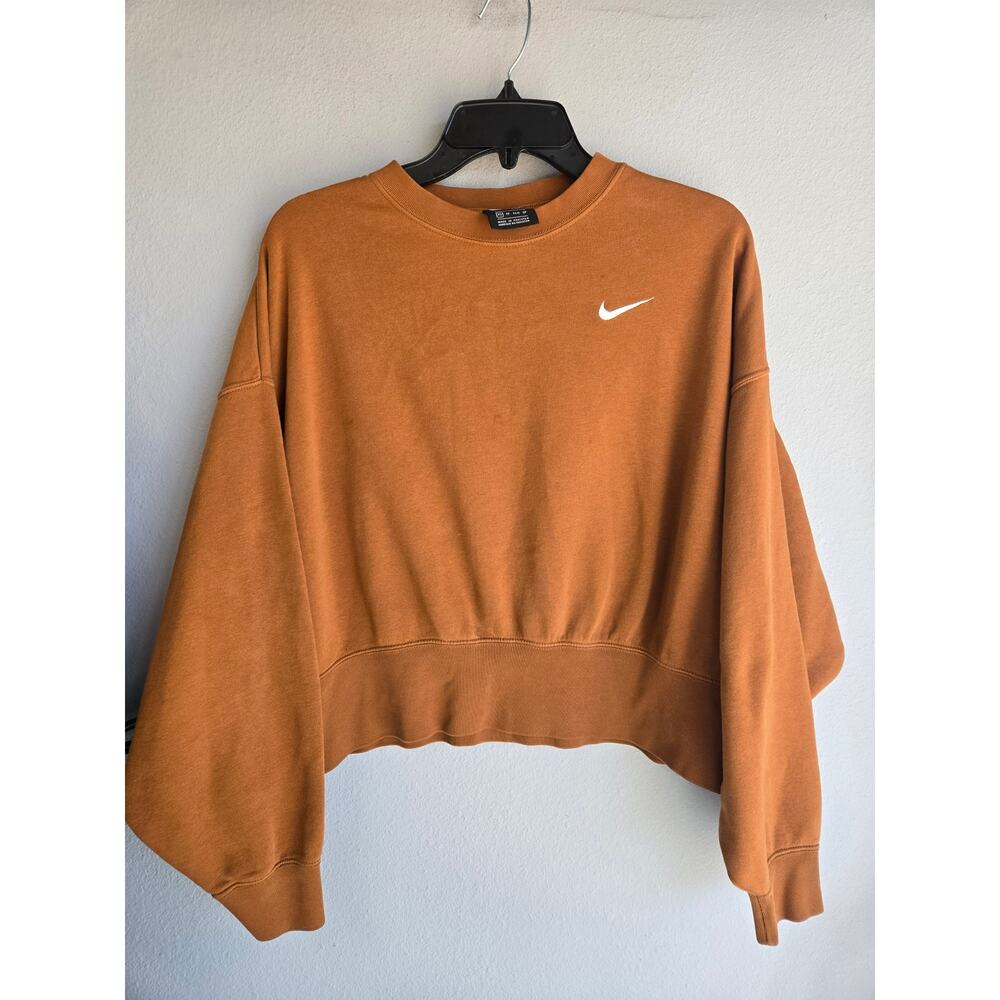 Nike Womens XS Brown Crop Crewneck Sweatshirt Fleece Oversized Pullover Swoosh - Picture 2 of 9